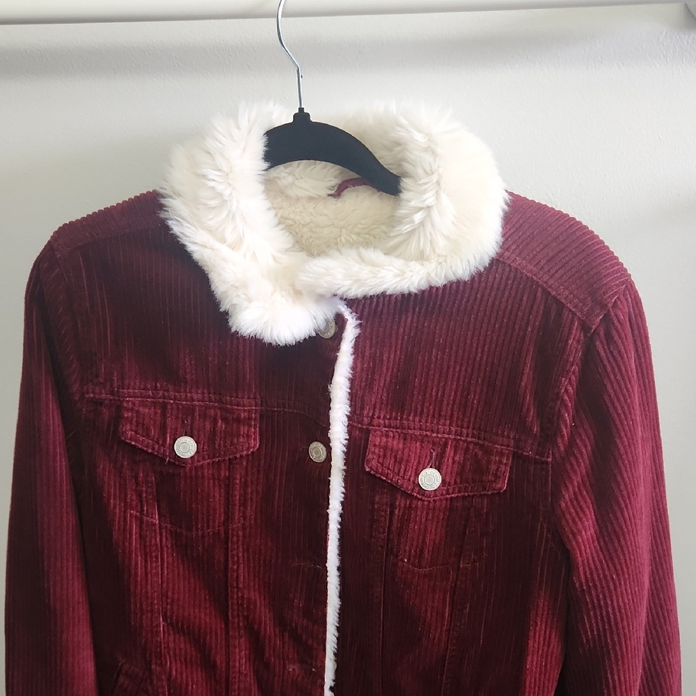 Women’s Burgundy Corduroy Jacket with Cream Faux Fur Trim